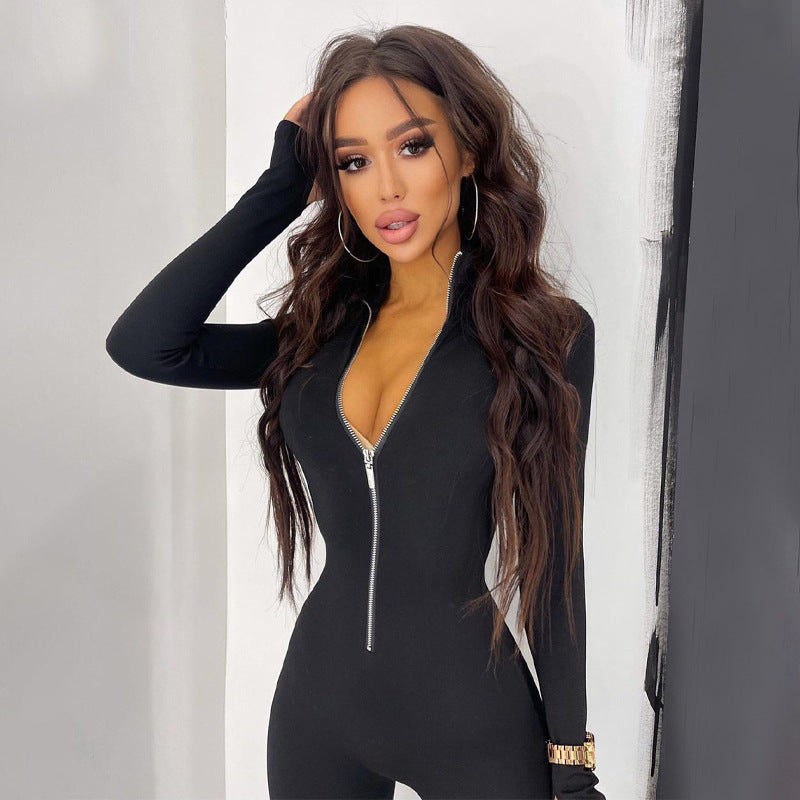 Women's Long-sleeved Sports Black Metal Zipper Turtleneck Jumpsuit,